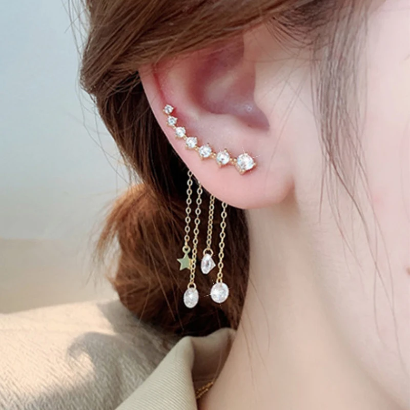 Multi-Wear Inlaid Star Zircon Ear Stud Temperament Personalized Long Elegant Plating 14K Earrings For Women Accessories Jewelry