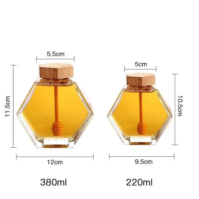 Bottle Jar Wholesale Dippers Home Pot Container With Hexagonal Wooden Kitchen Glass 220ml For 380ml 100ml Honey Lid Cork