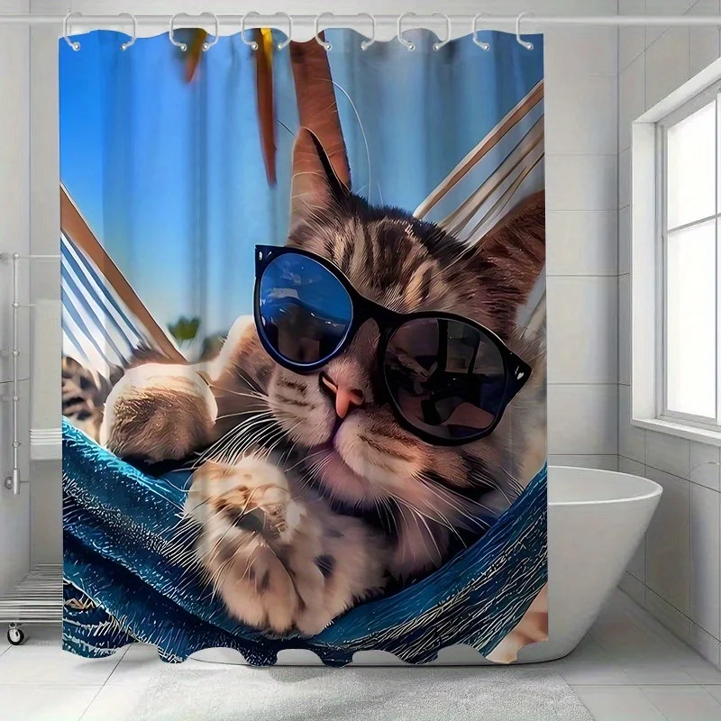 

"Cool Cat in Hammock Shower Curtain - Fun Sunglasses Design | Waterproof Bathroom Decor for Pet Lovers & Kids"