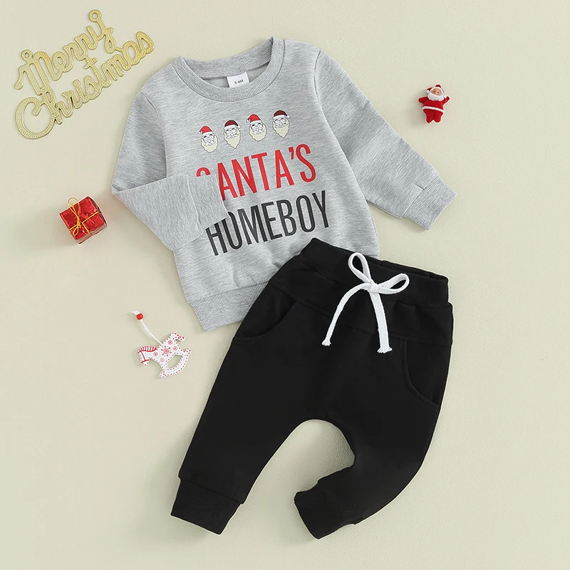 

Infant Boy Holiday Ensemble with Long Sleeve Santa Letter Print Sweatshirt and Trousers - Festive Toddler Outfit for Christmas