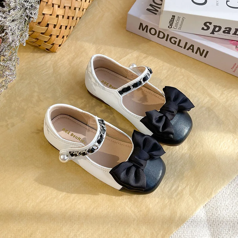 Girls' Princess Shoes 2024 Spring Autumn New French Bow Fashionable Princess Shoes Children's Single Shoes Treasure Ladle Shoe