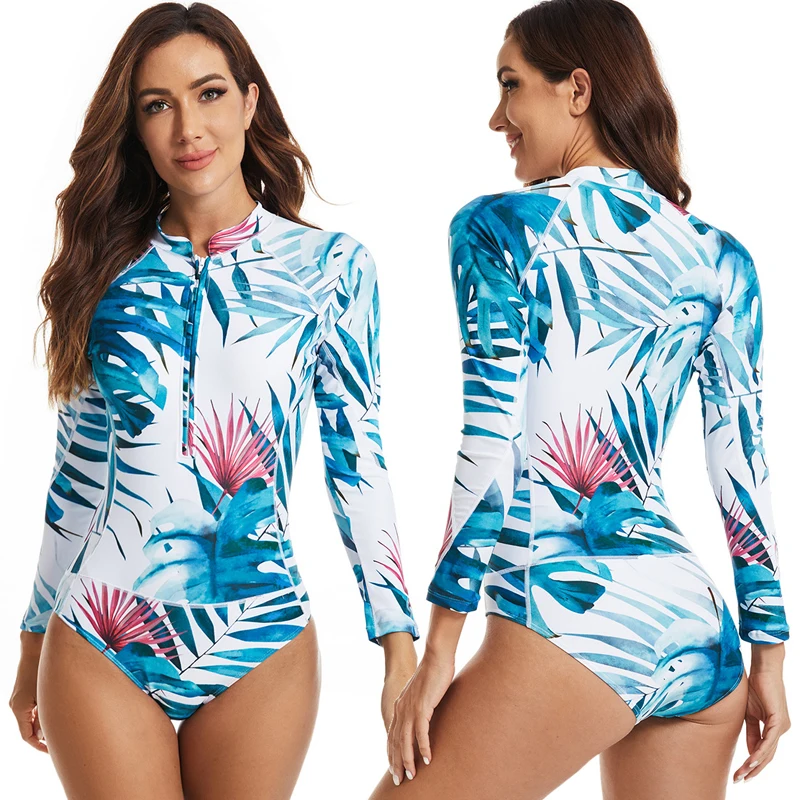 Surfing One Piece Swimsuit Print Long Sleeve Zipper Front Women Swimwear Bathing Suit Rash Guard Surfing Swimming Suit 2022 XXL