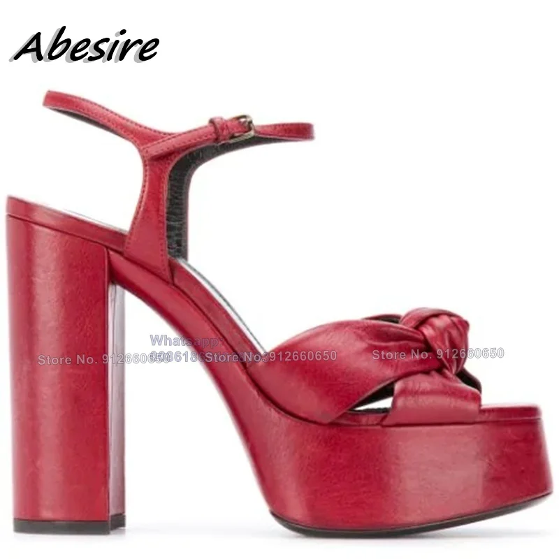 Abesire Red Platform Sandals Women Bow Knot  Apricot Ankle Buckle Round Toe Chunky High Heel Sandals Beige Shoes On Heels Summer