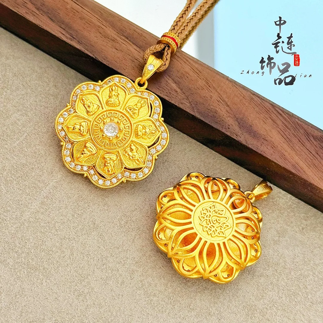 Rotating Eight Guardian Buddha lotus compass pendant New Chinese lotus compass 9999gold