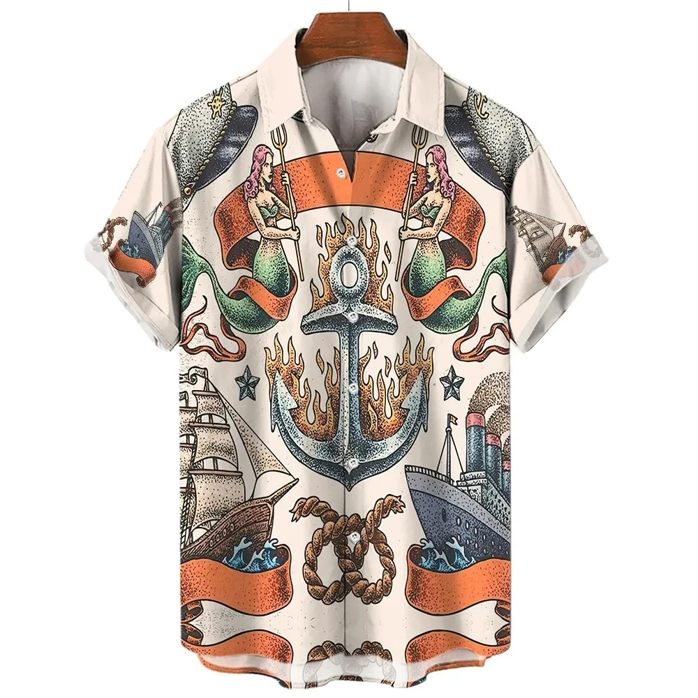Funny Mermaid Beach Hawaiian Flower Shirt Men 3D Printed Casual Fashion Dress Streetwear Man Clothing Slim Fit Camisas Casuais