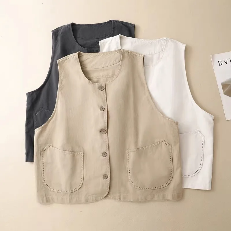 Japanese Style Artistic Embroidery Cotton Linen Cardigan Vest,Women's Loose Layered Spring Summer Top W2224