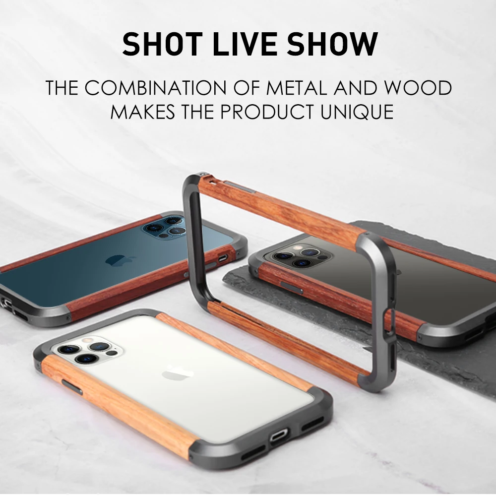 

R-just Wood Metal Phone Cases For Iphone 15 14 Plus 13 12 11 Pro Xs Max X Xr Luxury Aluminum Slim Natural Wood Bumper Cover Case