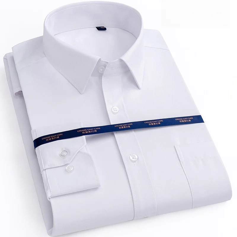 New Men Formal Shirt Long Sleeve Office Solid Color Anti-Wrinkle Fashion Business Pocket White Social Pocket Shirts 5XL 6XL 7XL
