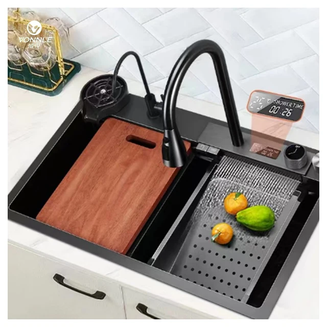 

Кухонная мойка с цифровым дисплеем и водопадом с мойкой для чашек, кухонная мойка из нержавеющей стали, одинарная раковина, кухонная раковина