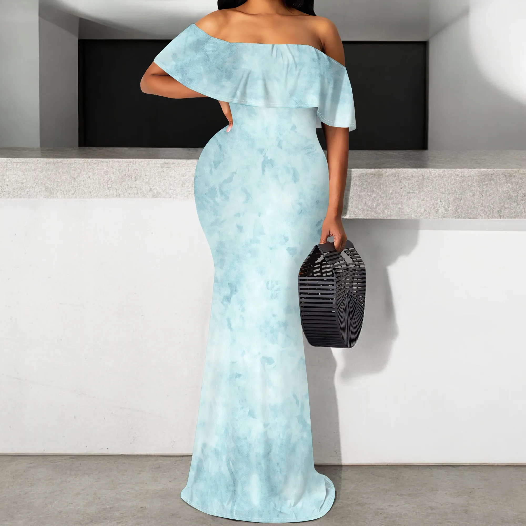 

Plus Size Off Shoulder Light Blue Marble Print Maxi Dress Elegant Beach Vacation Party Dress