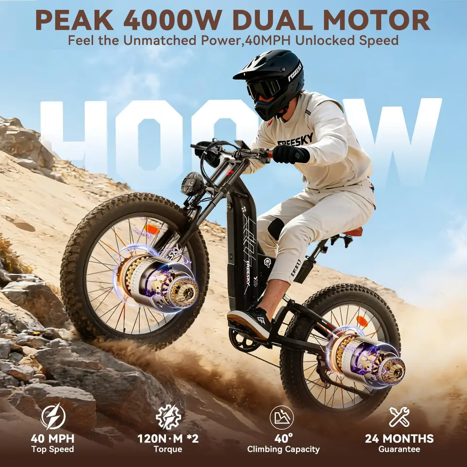 FREESKY Dual Motor 45MPH 120Mile 260NM LG Cells Electric Bike for Adults 6000W,60V 30Ah,AWD Mountain Ebike,26" Fat Tire,Full Suspension,Hydraulic Brakes,UL2849 by TÜV,Off-Road &Commuter &Hunt & Camp image 7