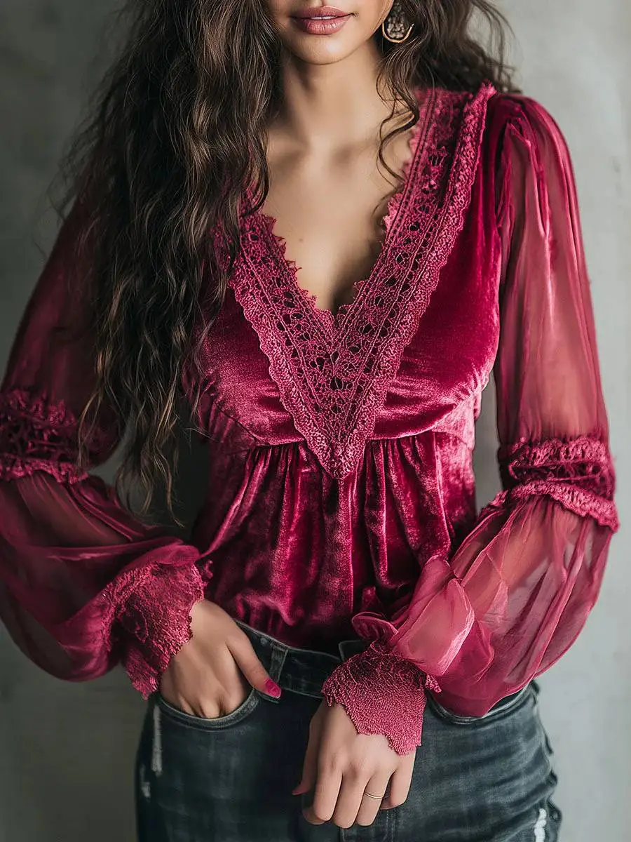

Women 's Sexy Blouse Tops Velvet Lace Trim V-neck See Through Long Sleeve Shirt Blouse Elegant Style Bohemian Styles Chic Tops