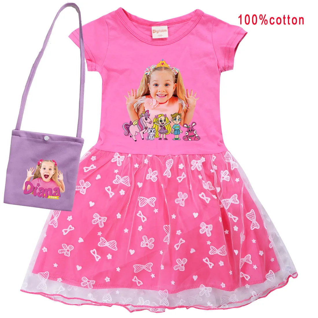 Lovely Diana and Roma Show Dress Kids Summer Dress Baby Girls Casual Dresses & Bag 2pcs Sets Kids Wedding Party Princess Vestido