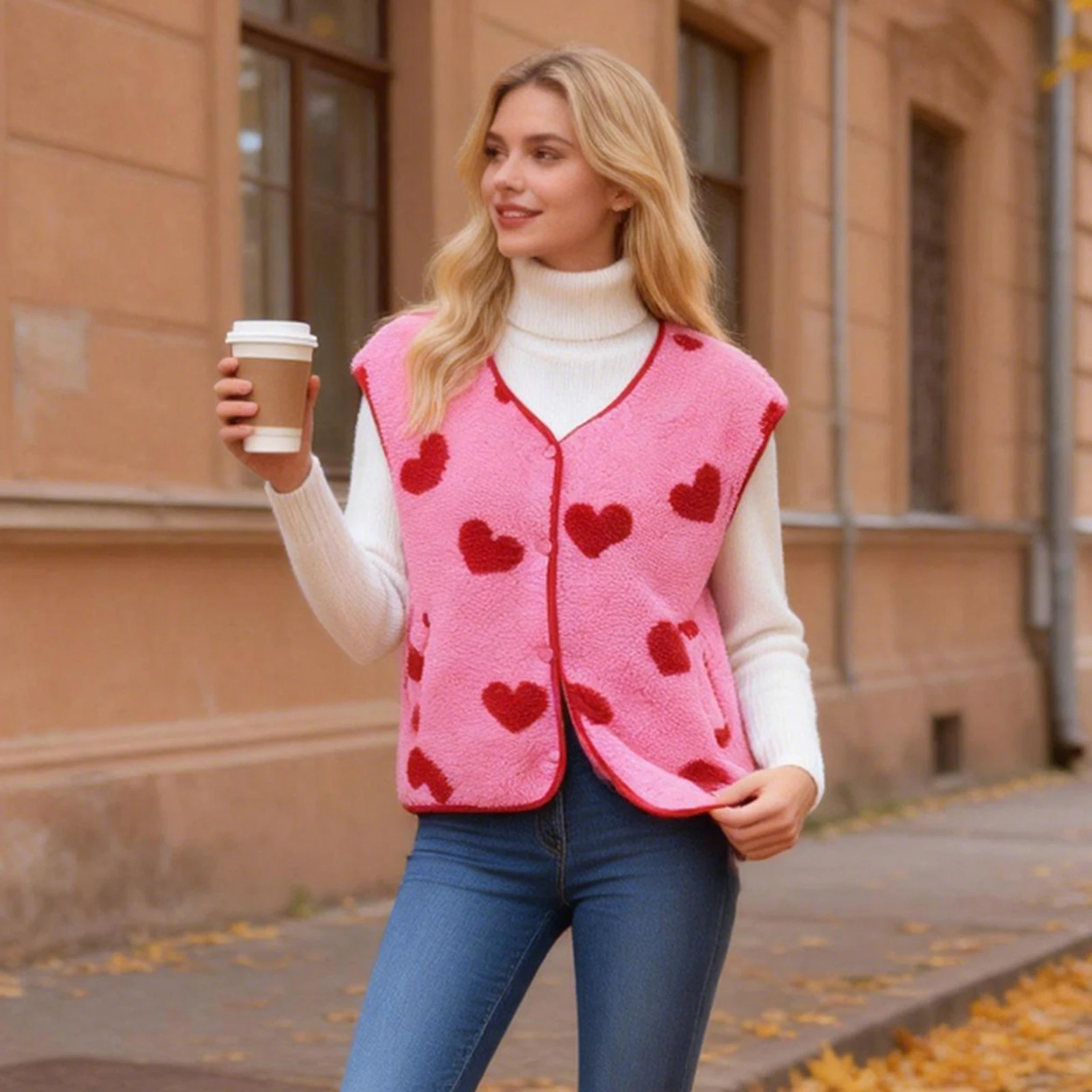 Women Winter Vest, Sleeveless Jacket Button Closure Heart Warm Furry Vest Outwear