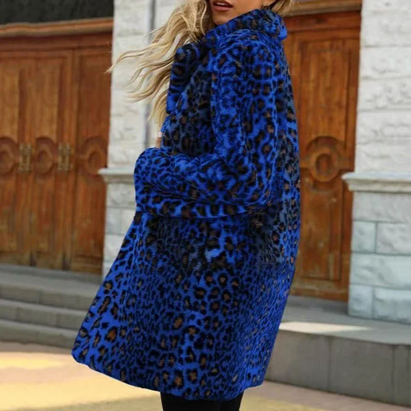 Europe Amérique femmes léopard fausse fourrure manteau longue mode décontracté lâche fourrure pardessus grande taille épais chaud coupe-vent en peluche manteau