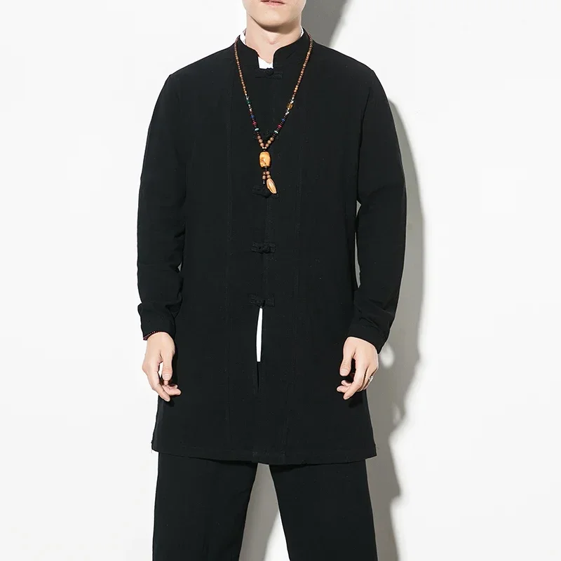 LIBIELIY Men's Chinese Style Long Shirts Tang Suit Tops Cotton Linen Solid Color Kung Fu Shirts Men Traditional Hanfu Shirt Plus