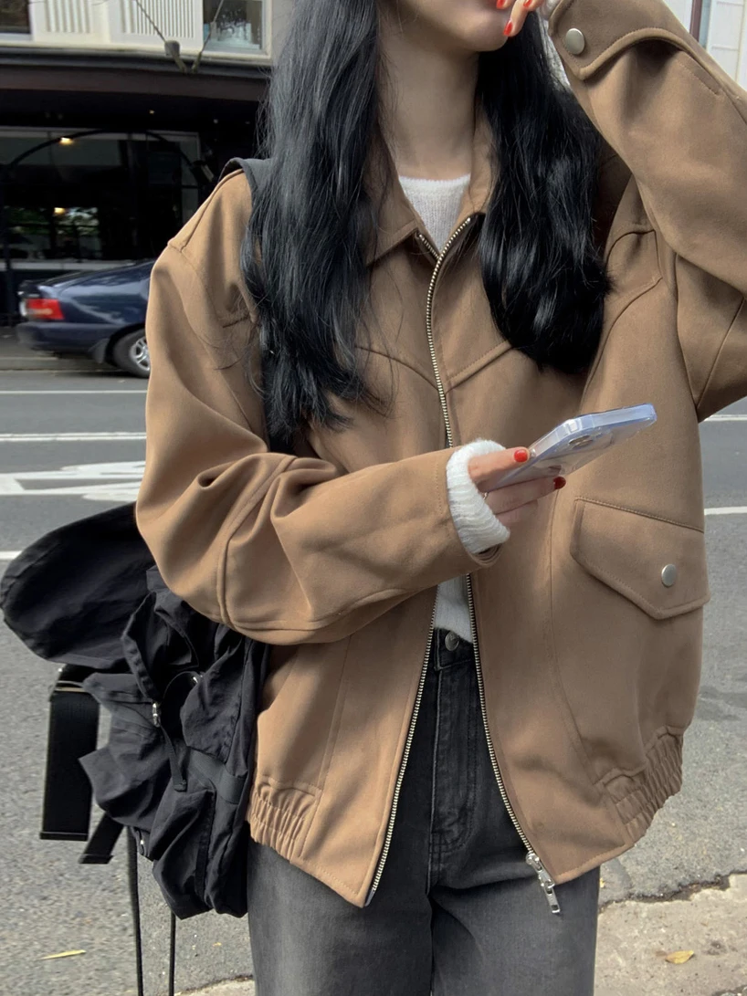 سترة نسائية من Retro ort فضفاضة للشارع Sle أنيقة متعددة الاستخدامات مفتوحة من الجلد الصناعي الدافئ معطف شتوي كوري Faion