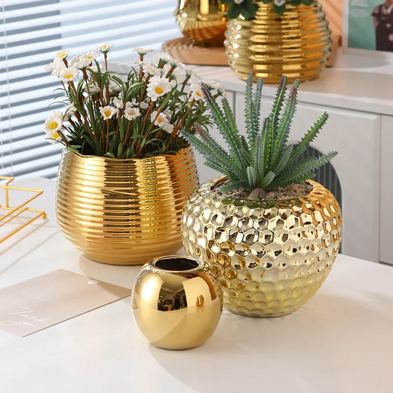 Office gold ceramic flower pot Phalaenopsis orchid pot electroplating advanced potted plant green plant flower device