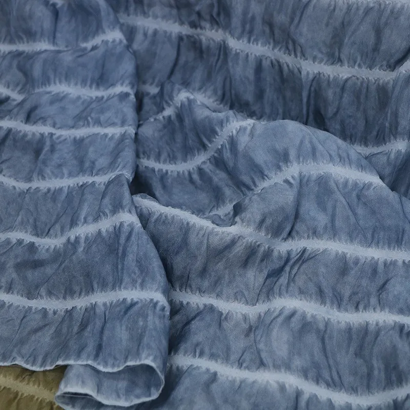 

Dirty grey-blue dyed silk elastic horizontal striped bubble crepe fabric