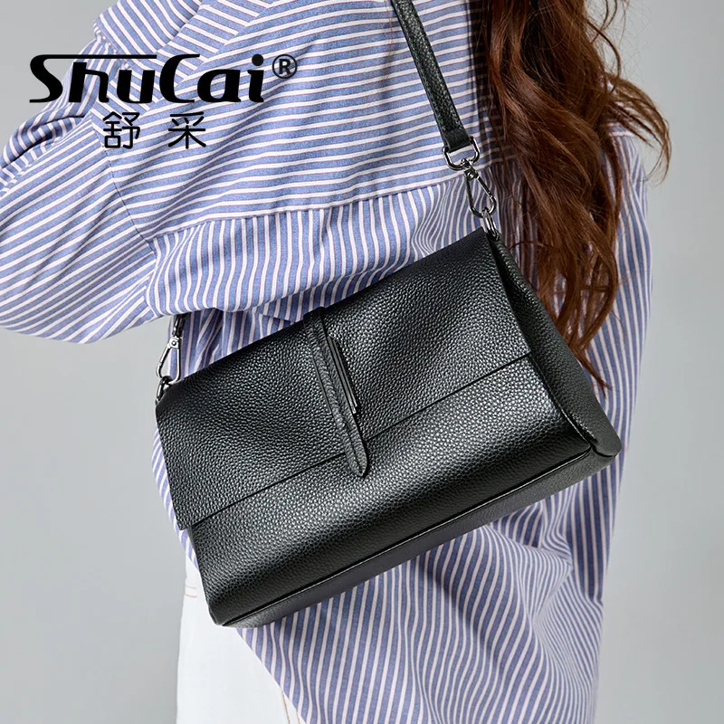 SHUCAI Genuine Leather Lady\'s Flap Messenger Bags Soft  Cowhide Functional Shoulder Handbags Designer New