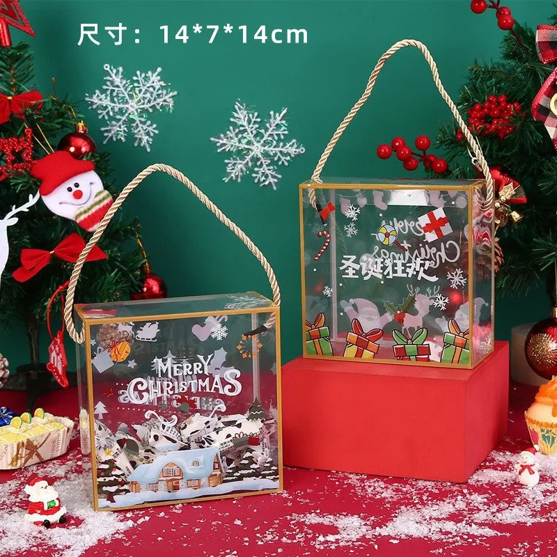 

5Pcs Christmas PET Transparent Handbag Handmade Baked Cookie Snowflake Puff Pastry Xmas Party Gift Packaging Box