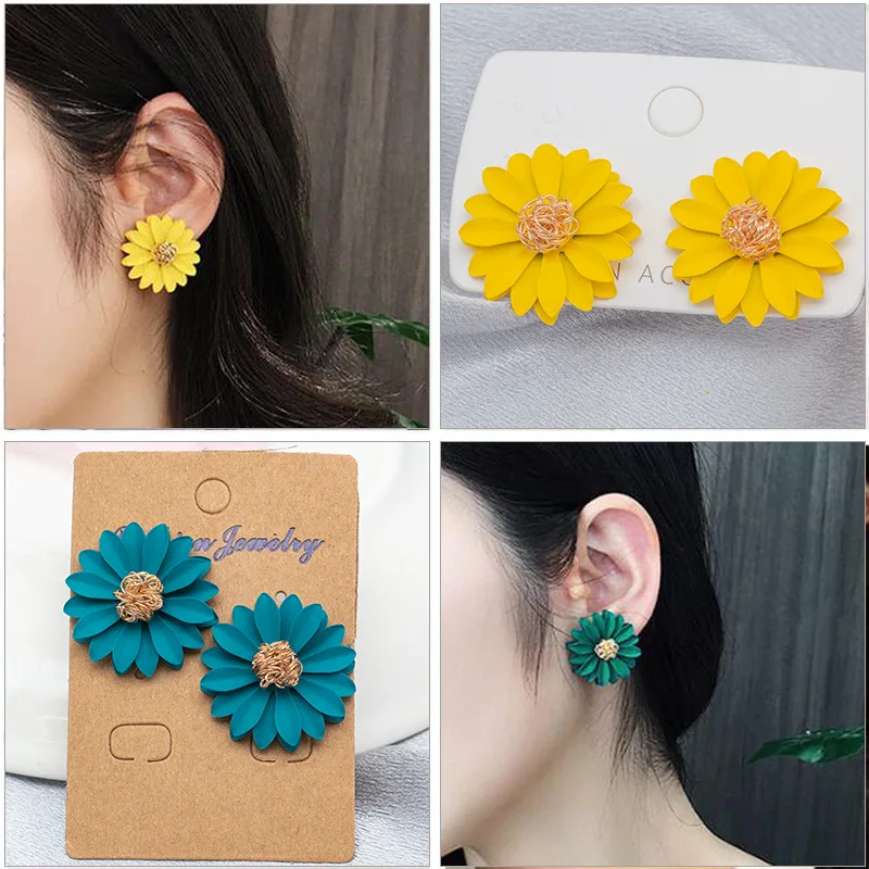 Pink Green White Yellow Daisy Stud Earrings for Women Metal Yellow Purple Blue Spray Paint Flower Earrings Party Cute Jewerly