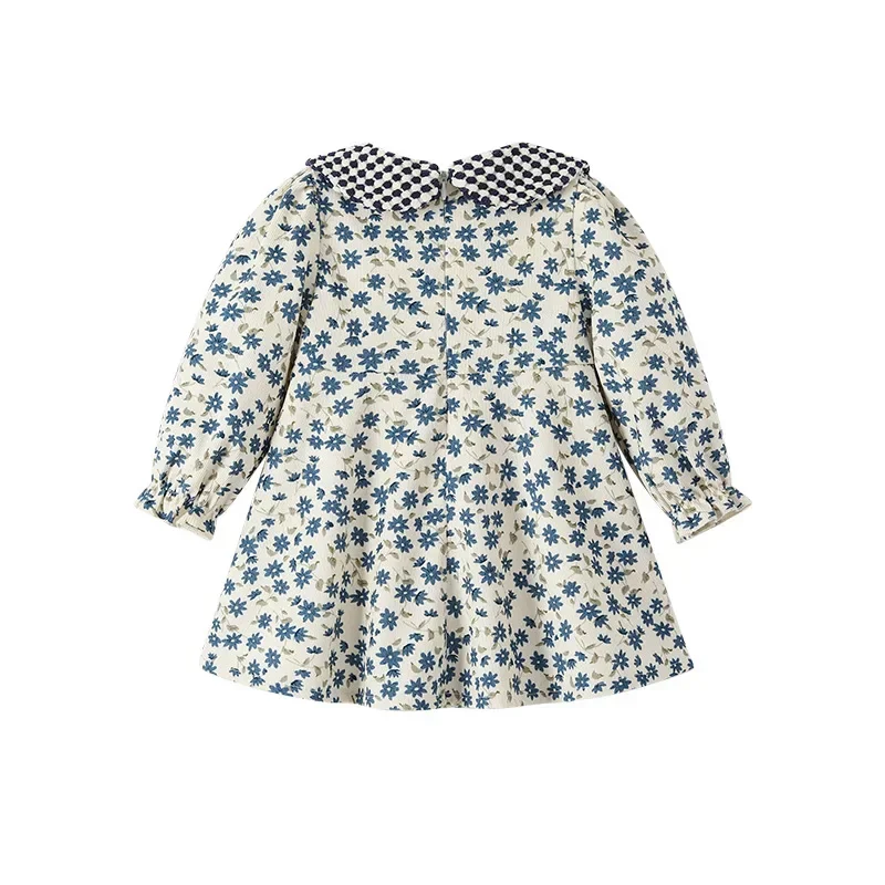 Kids Girl Floral Dress for Autumn Newborn Children Fashion Boutique Blue Print Dresses Infant Elegant Outdoor Clothes 0- 4 Years