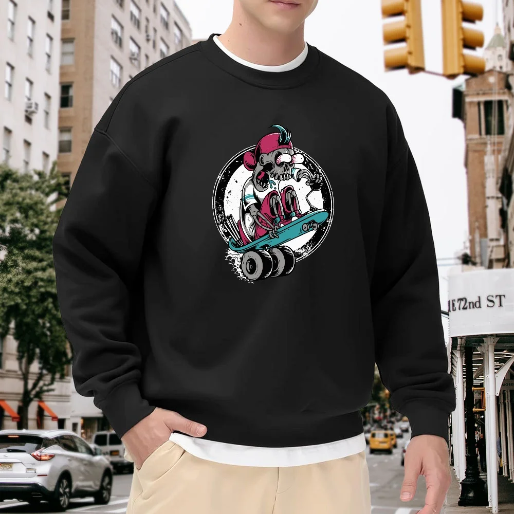 

Men's Black Crew Neck Loose Sweatshirt, Street Style Cool Skull Skateboard Print Top, Everyday Casual Versatile Item, Soft and Comfortable Trendy Piece