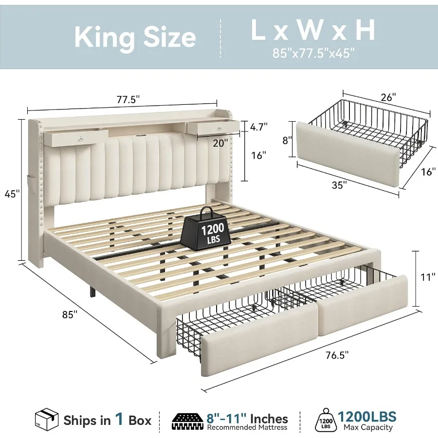 Bed Frame and 2-Tier Storage Headboard and 4 Drawers, Linen