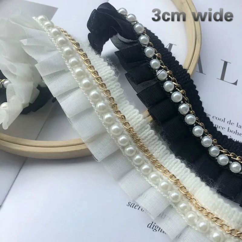 Chiffon Beads Chain Hand Stitched Lace Handmade DIY Baby Cuffs Headband Collar Material New Pasamaneria Gold Pearl Beaded Fabric