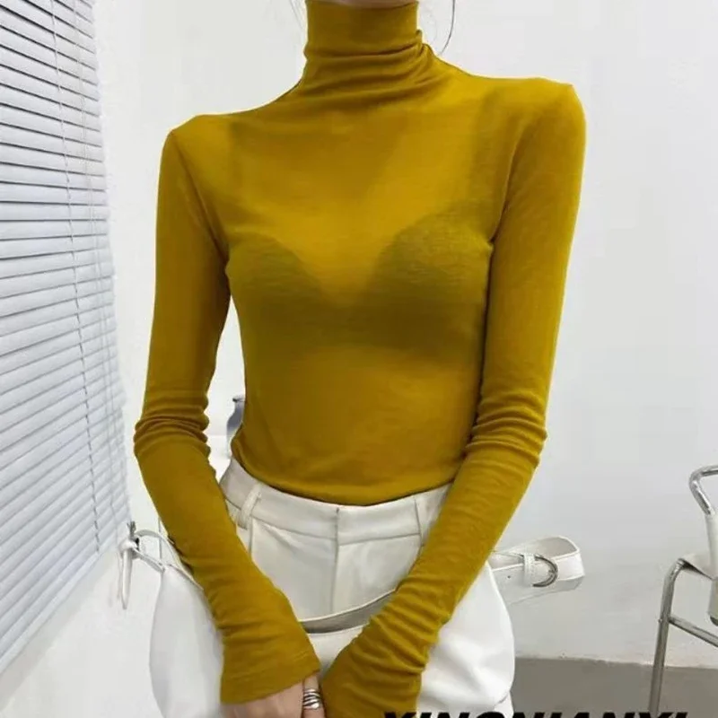T-shirt basique à col roulé pour femme, manches longues, t-shirts sexy pour femme, mince, grande taille, mode automne et hiver, nouveau