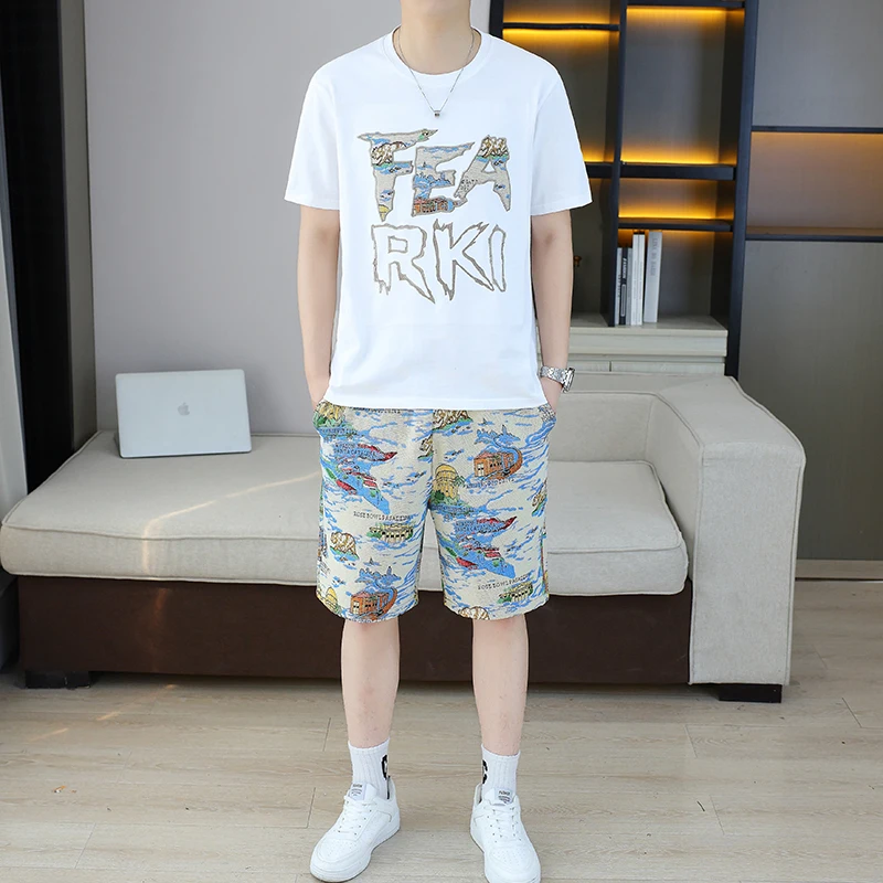 

Летний новый повседневный спортивный комплект для мужчин, модный бренд Haome, дышащая футболка из чистого хлопка с коротким рукавом и шорты, комплект из двух предметов.