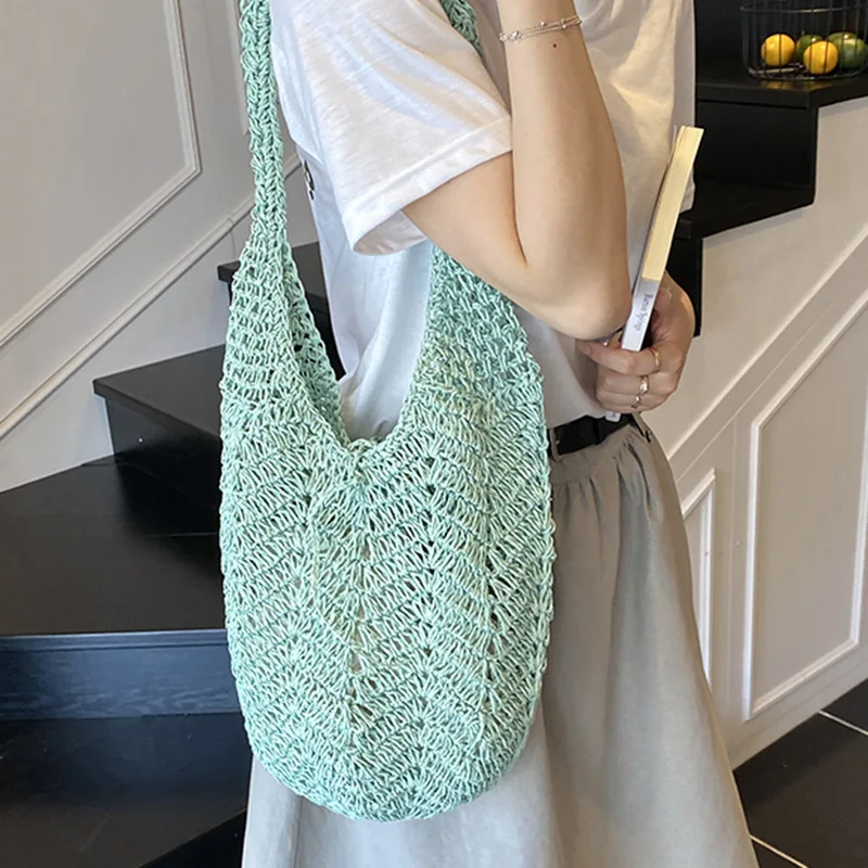 Полая пляжная сумка в стиле Ins 2025 — новая художественная трикотажная тканая сумка на одно плечо для отдыха на море