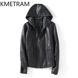 KMETRAM-Chaqueta de piel de oveja auténtica para mujer, abrigo holgado con capucha de talla grande, ropa corta para primavera y otoño, 2024