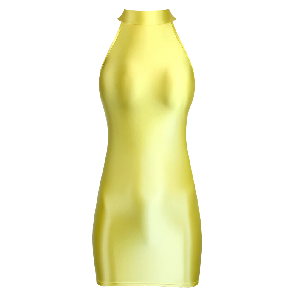Abito da donna in raso lucido lucido senza maniche collo alto gonna aderente liscio elastico tinta unita sexy olio glitter Mjinm