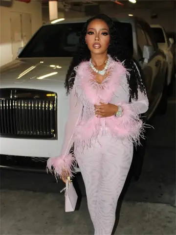 2025 Feather Patchwork Suit Fashion New Casual Women's Sets Long Sleeve Tops and Pants Sexy Pink Elastic Two 2 Piece Set Outfits