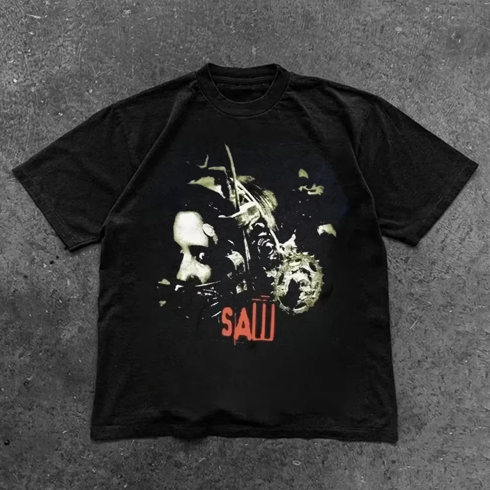 

2025 High Quality Fashion Men and Women Must Enter SAW Horror Movie Style Pure Cotton O-neck T-shirt Retro Haraku Style Clothing