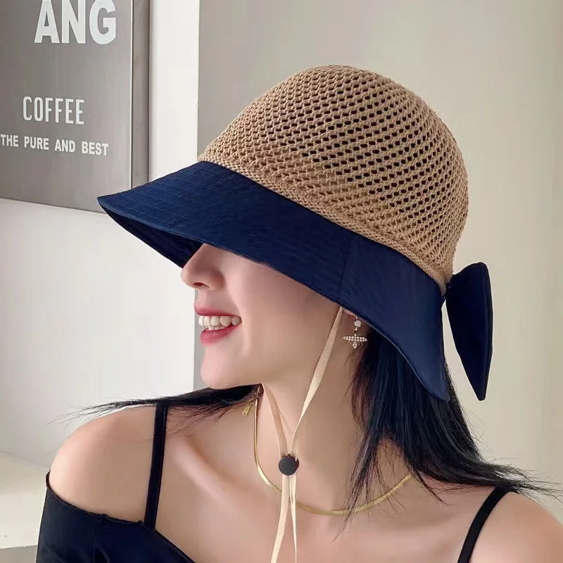 Outdoor UV Protection Sun Hat Summer Women\'s Bucket Foldable Basin Sunscreen Cap Bow Hollow Stitching Panama Hats Fisherman