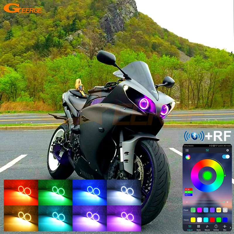 For Yamaha R1 YZF-R1 2009 2010 2011 2012 2013 2014 RF Remote BT App Multi-Color Ultra Bright RGB LED Angel Eyes Kit Halo Rings