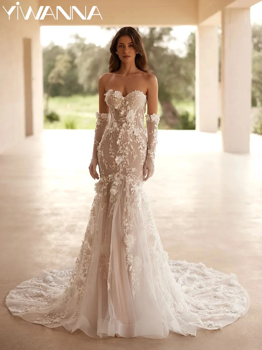 

New Arrival Lace 3D Flower Long Wedding Dress Without Gloves Sweetheart Neck Bridal Gown Customized Mermaid Dresses For Bride