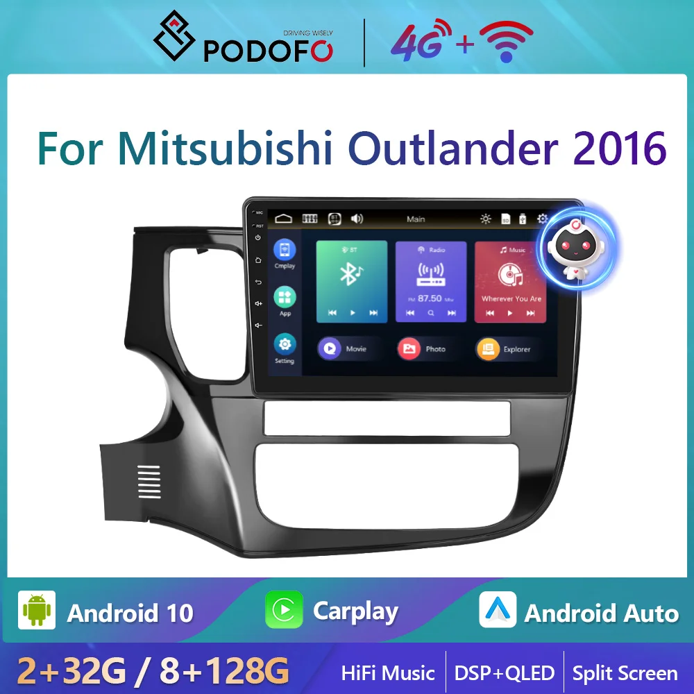 

Podofo 2din Android 4G WiFi Car Radio For Mitsubishi Outlander 2016 Autoradio Carplay 8+128G Stereo Player Ai Voice HiFi Music