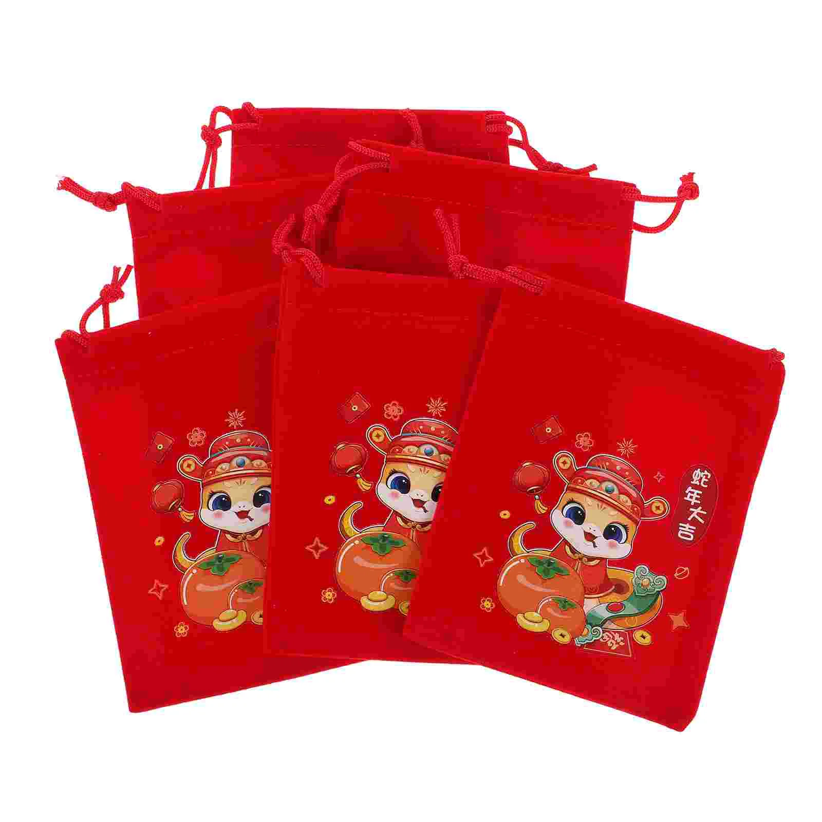 

6pcs Red Gift Bags Year of Snake 2025 Chinese New Year Lucky Drawstring Candy Packaging Reusable Storage Festive Goodie Bags