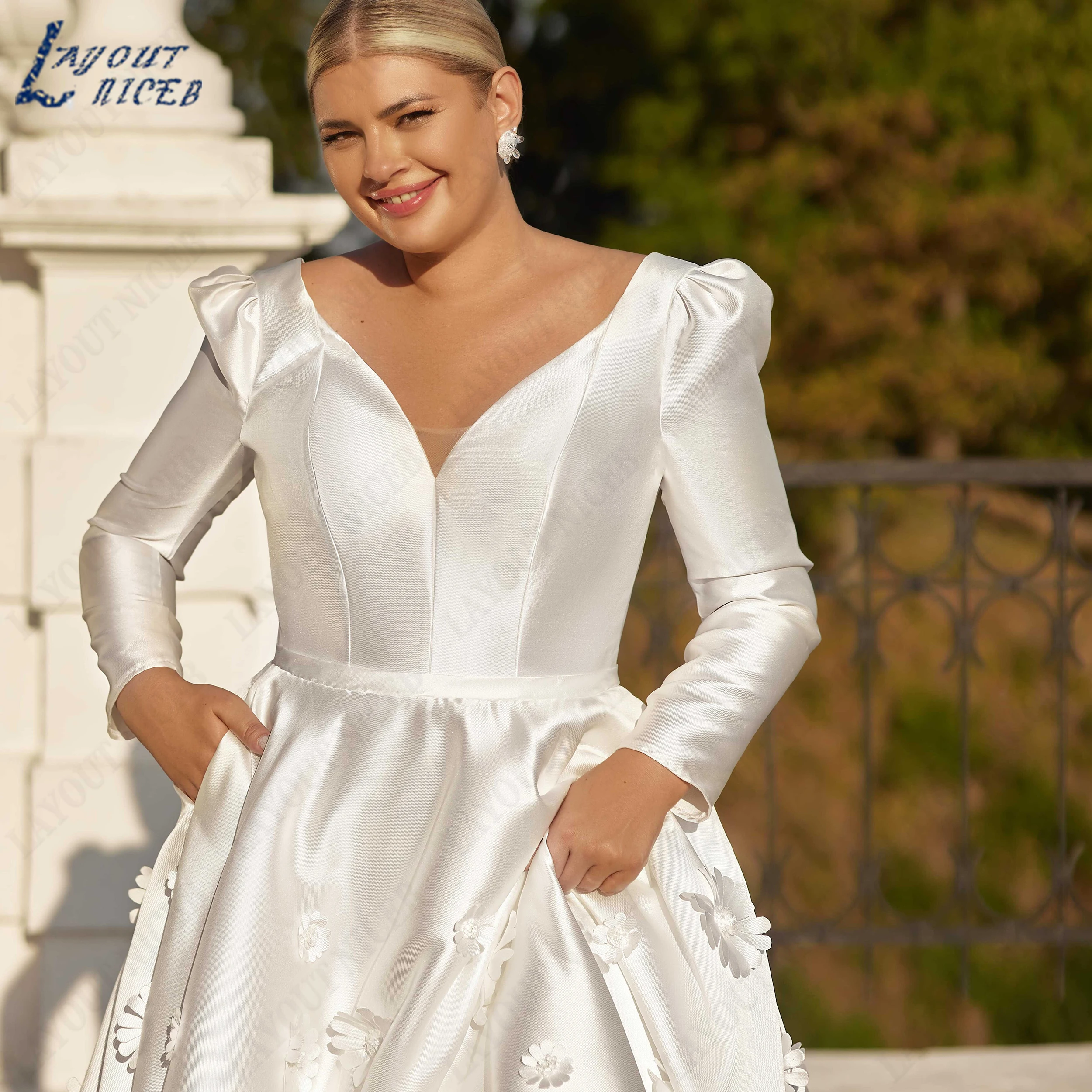 LAYOUT NICEB Long Sleeve Church Wedding Dress Satin 3D Floral Bridal Gown A Line V Neck Bride Dresses Illusion Customized