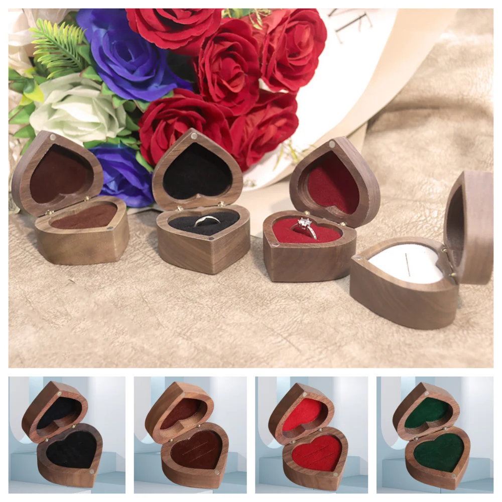

Portable 1/2 Slots Heart Rings Holder Wedding Proposal Walnut Wood Rings Box Packaging Storage Rings Bearer Box Gifts