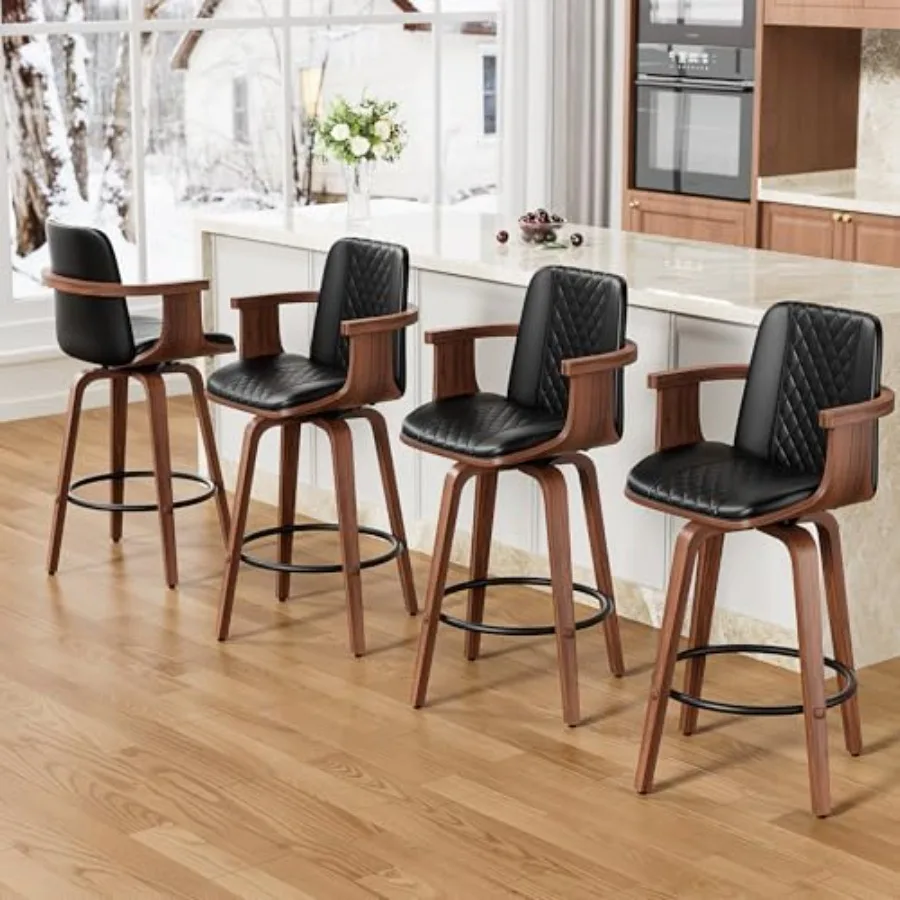 

Bar Stools Set of 4, 26" Swivel Barstools with Back and Wooden Arms, Mid Century Modern PU Leather Counter Height Bar Chairs fo