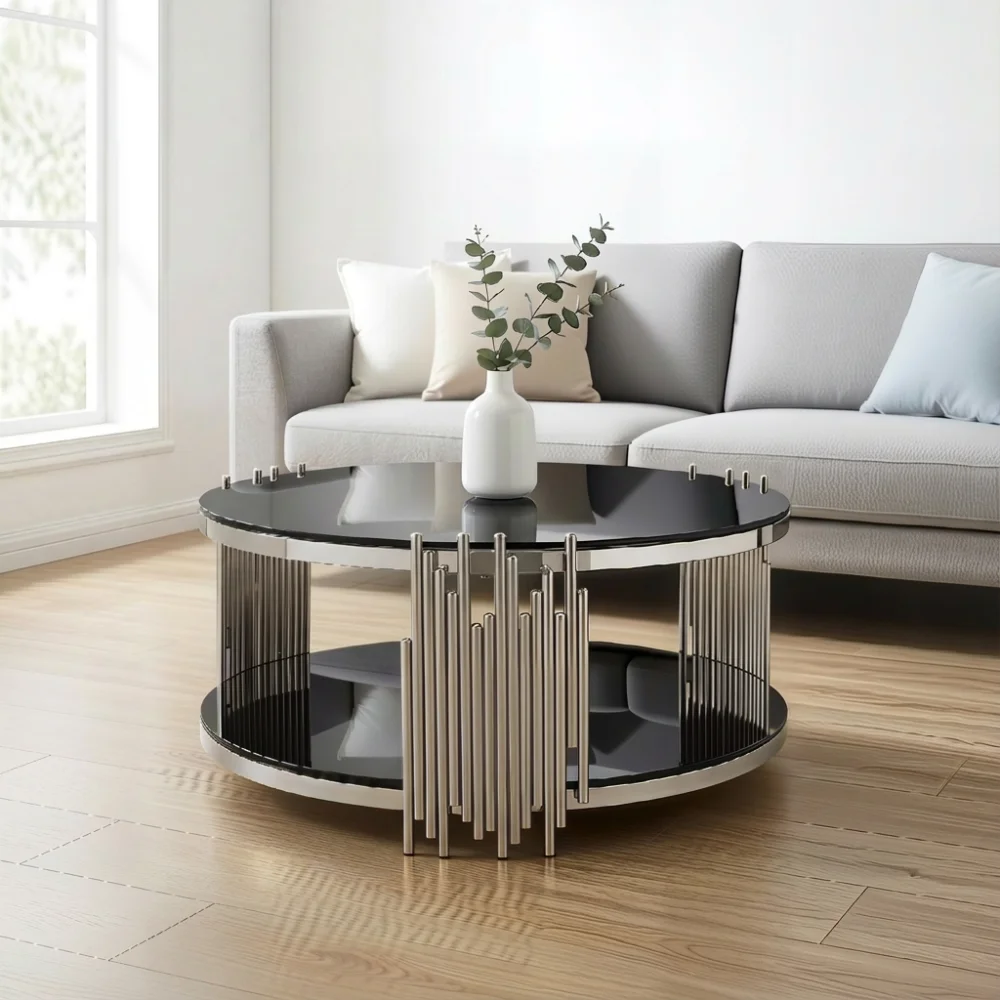 80 cm moderne ronde salontafel van zwart glas, dubbele laag glazen blad, luxe middentafel met zilveren stalen onderstel