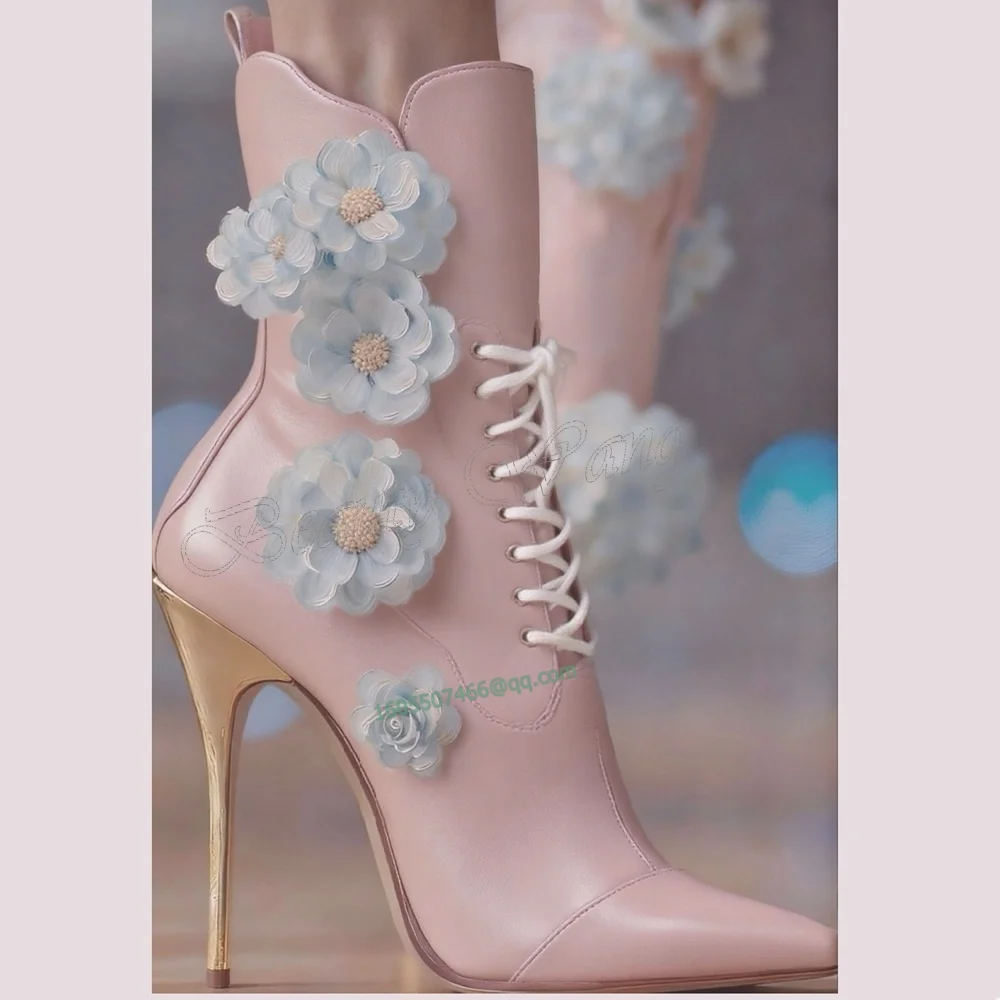 

Розовые, синие ботильоны с цветочным декором, туфли с перекрестной завязкой, женская обувь на высоком каблуке с острым носком, 2024, Zapatos Para Mujere