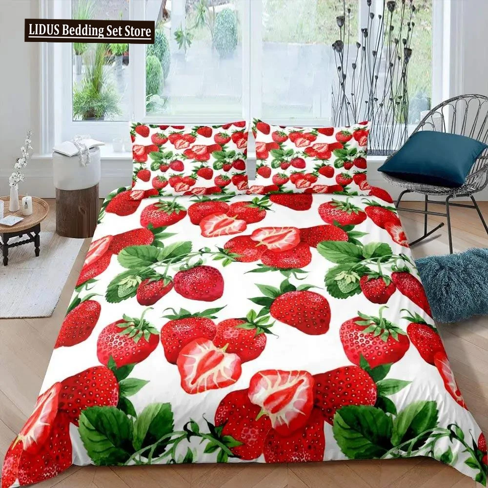 

Strawberry Duvet Cover Set Girl King Size Comforter Cover Set Red Strawberry Bedding Set Food Fruit Quilt Cover For Kids Gift