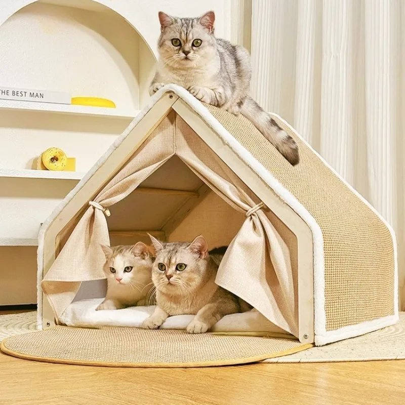 Cat Tent Villa Pet Bed, All-Season Dual-Use Cozy House, Half-Enclosed Wooden Cat Bed, Durable Sisal Scratching Board Furniture