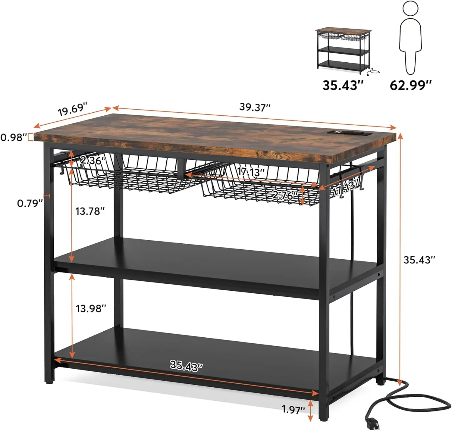 Isola da cucina con contenitore, tavolo a isola industriale con prese di corrente e cestini in filo metallico, supporto per forno a microonde a 3 livelli